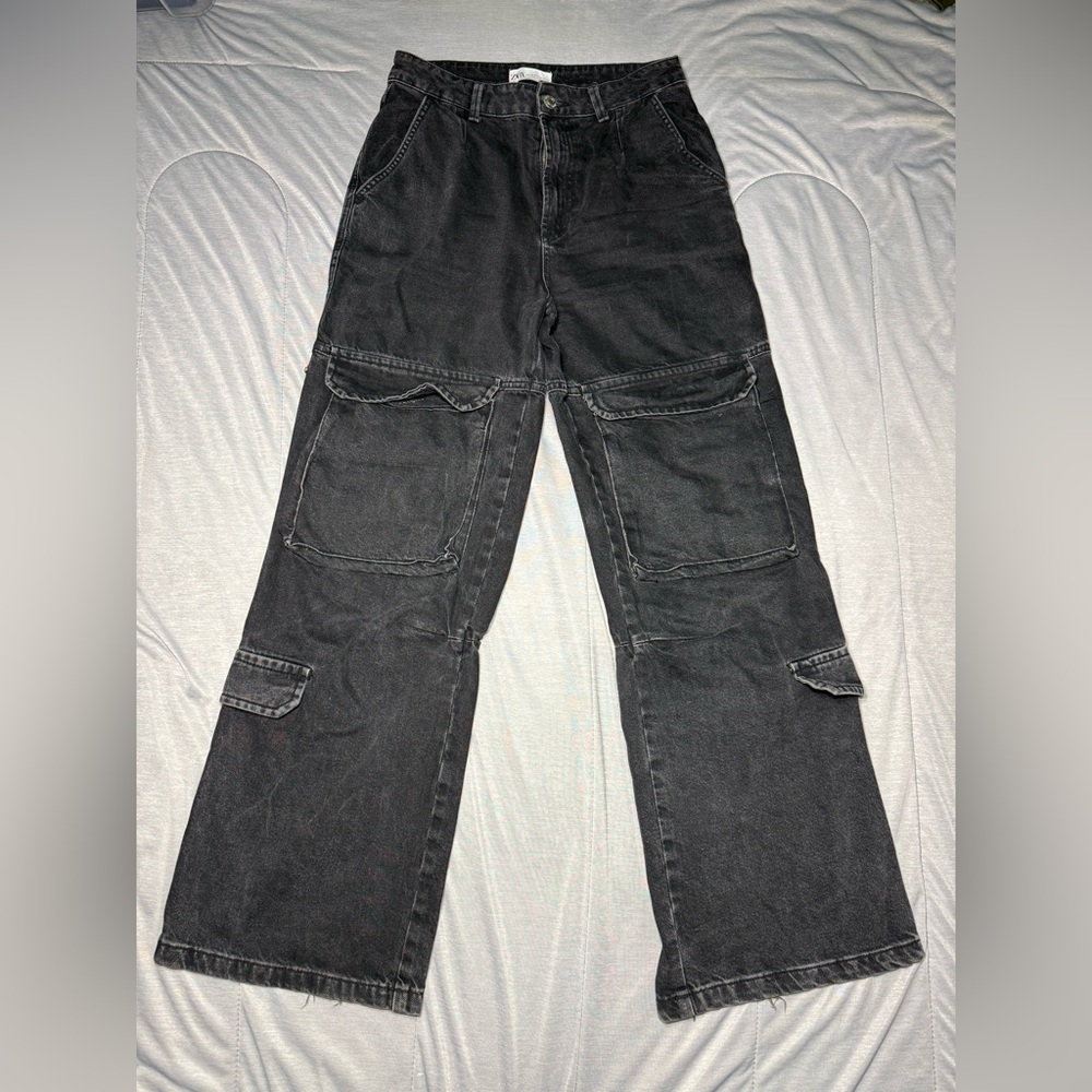Zara Jeans Women's Size 4 Black High Rise Cargo Wide Leg Skater Pleated Slouchy